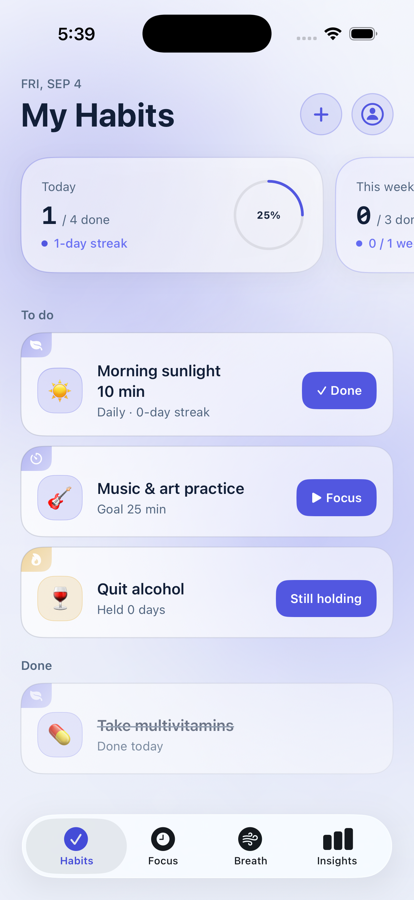 FlowIsle daily habits UI